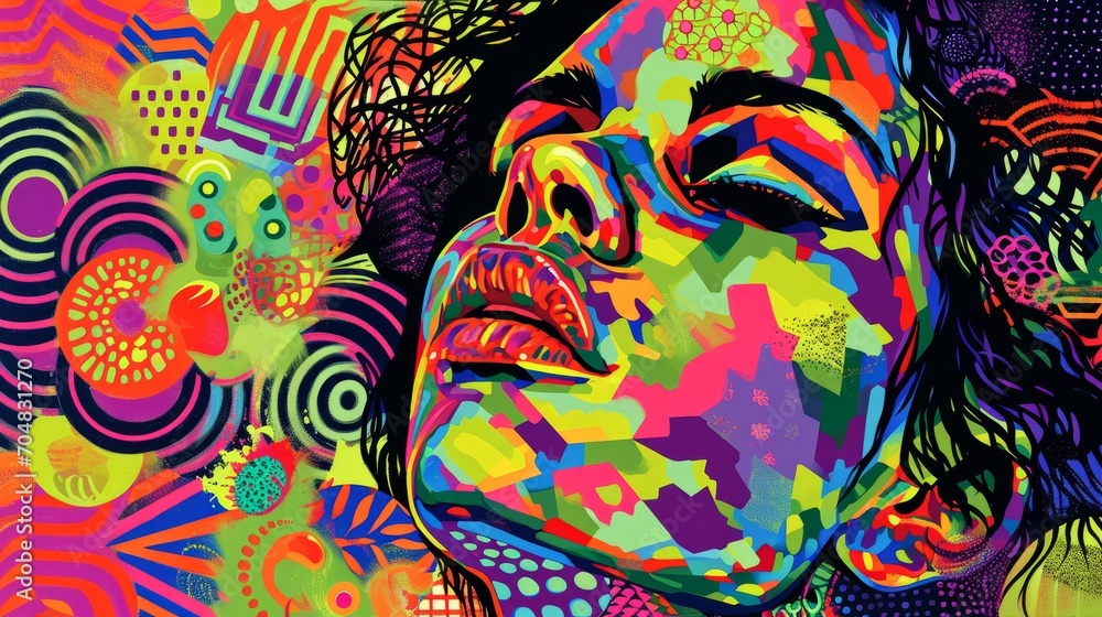 a colorful pop art-inspired portrait of a person with bold patterns and vibrant hues