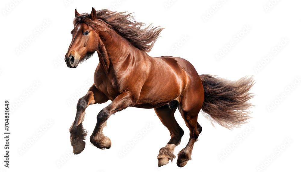 Obraz premium Photo of running horse isolated on transparent background. Red horse with long ponies was jumping. Generative AI