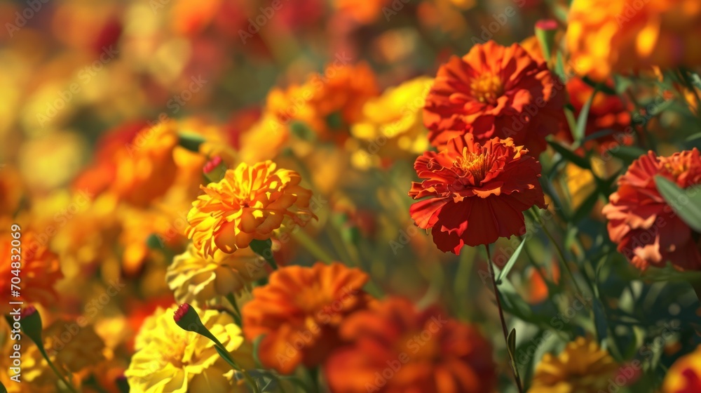 a close up of a field of flowers with many orange and yellow flowers in the foreground and a blurry background. a close up of a field of flowers with many orange and yellow flowers in the foreground and a blurry background.