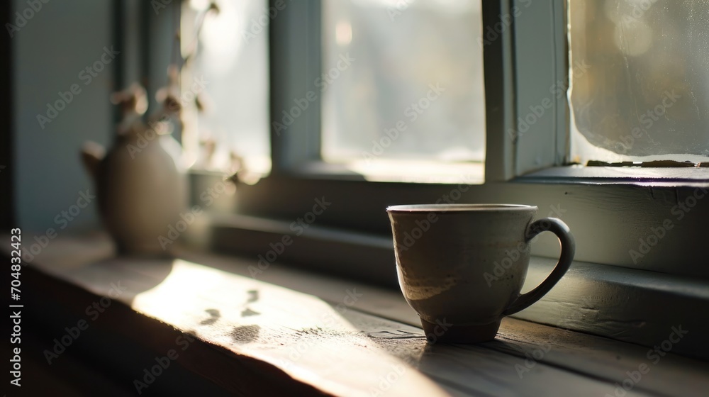 a coffee cup sitting on a window sill next to a window sill with the sun shining through it. a coffee cup sitting on a window sill next to a window sill with the sun shining through it.