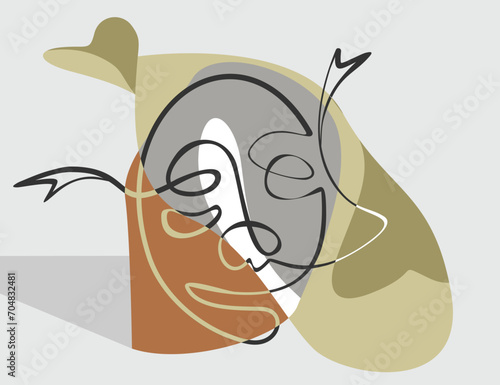 One line art. Single line cubism abstract face. Stylized continuous contour with abstract spots. Contemporary theatre icon. Vector illustration