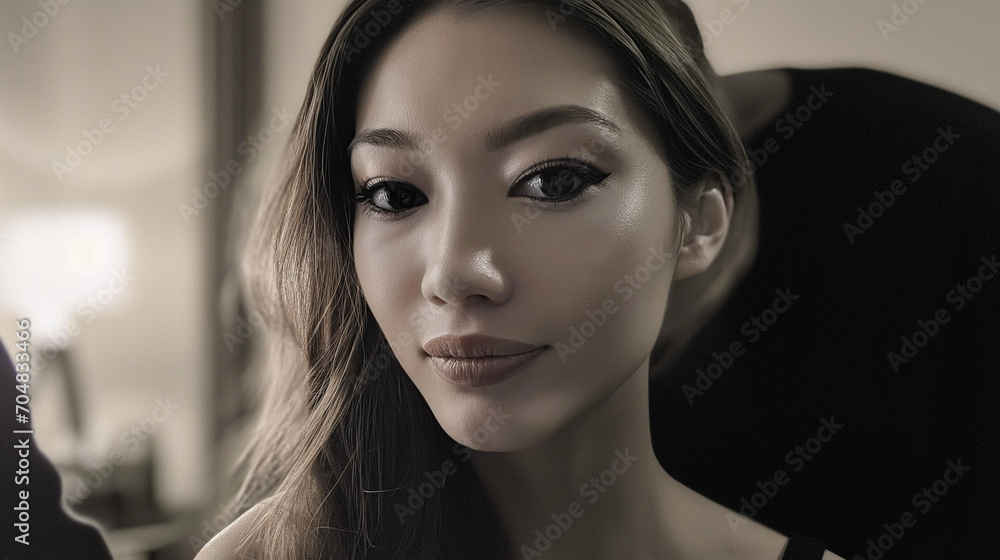 A young Asian woman with a smooth, shiny facial complexion is having her makeup applied A young Asian woman with a smooth, shiny facial complexion is having her makeup applied