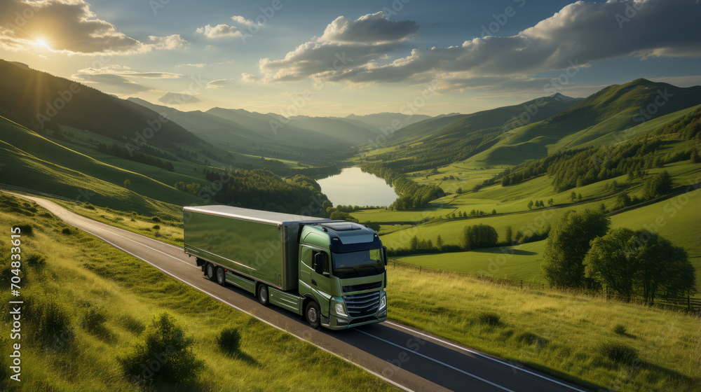 Obraz premium Large transport truck transporting commercial cargo on way highway road with mountains scenery