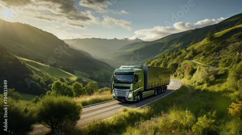 Large transport truck transporting commercial cargo on way highway road with mountains scenery photo