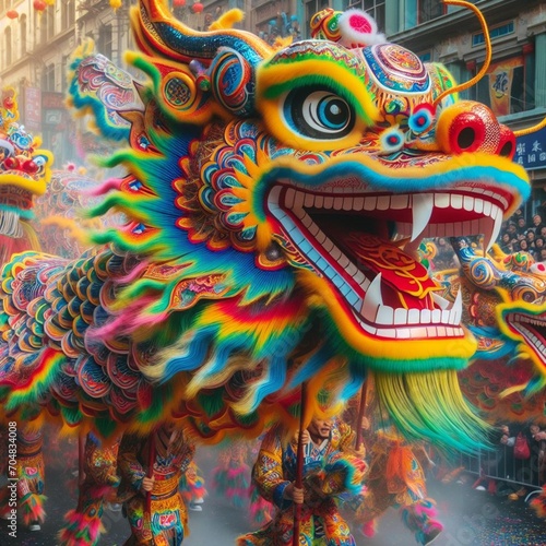 Multi colored dragon dances through traditional Chinese parade Chinese New Year  © Juro