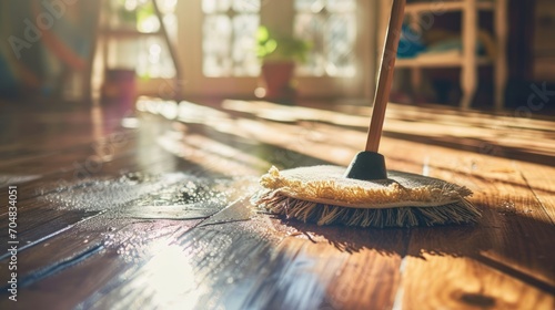  a broom sitting on top of a wooden floor on top of a hard wood floor next to a potted plant. photo
