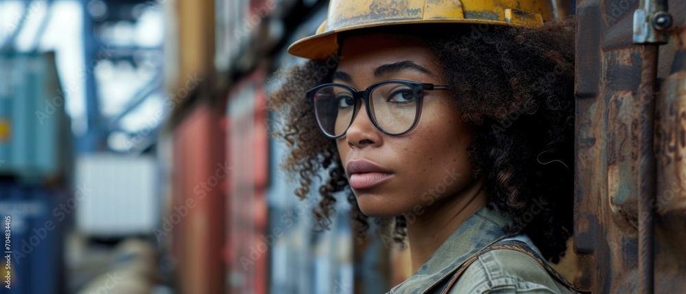 A woman wearing a hard hat and glasses. Generative AI.