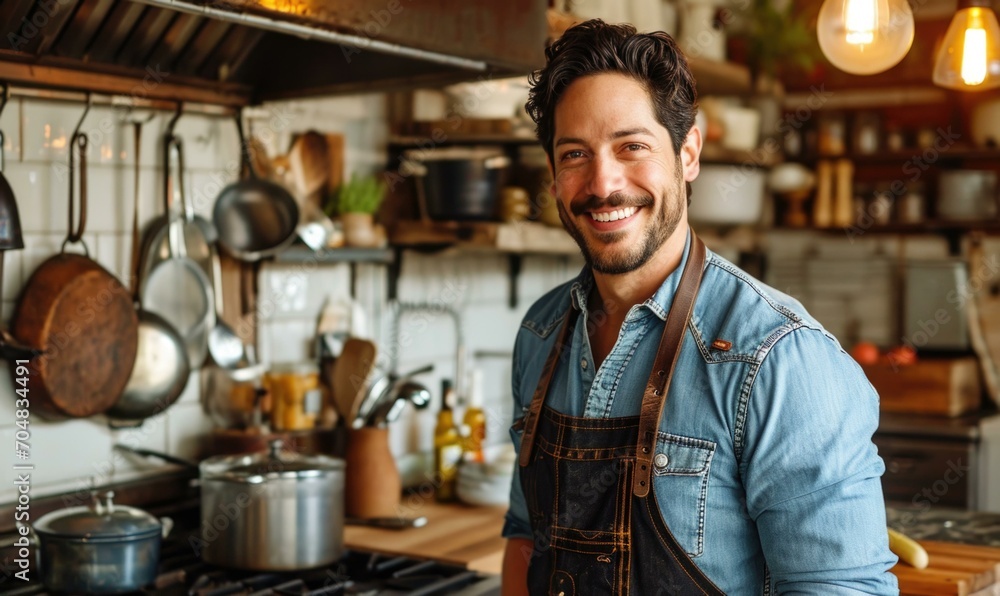 Fototapeta premium A man in an apron is smiling in a kitchen. Generative AI.