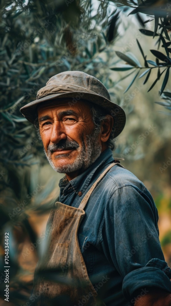An old man in an olive grove. Generative AI.