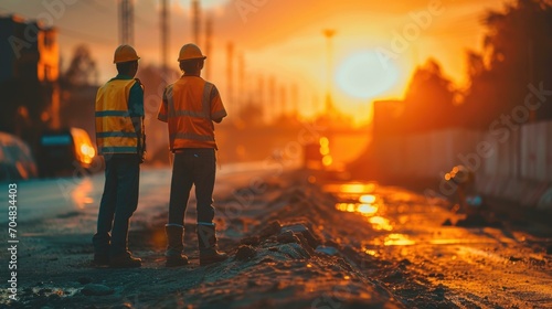 Two construction workers standing on a road at sunset. Generative AI. photo