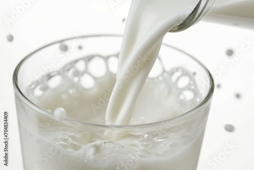 Close-up view of a fresh milk pouring into glass, isolated white background, studio shot...