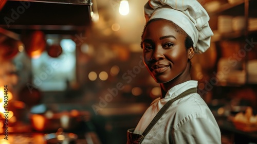 A woman in a chef hat is standing in a kitchen. Generative AI.
