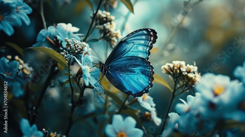  a blue butterfly sitting on a flower in the middle of a field of blue flowers with white daisies in the foreground.