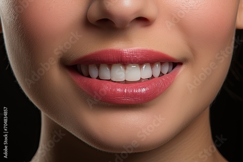 Beautiful woman s smile with healthy white  straight teeth close-up  background with space for text  Design for beauty industry  dentistry  Generative AI