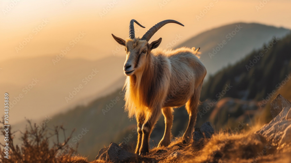 Obraz premium A goat playing near a mountain edge.