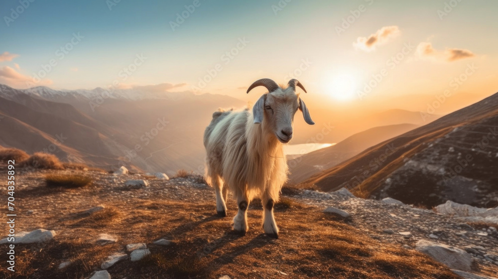Naklejka premium A goat playing near a mountain edge.
