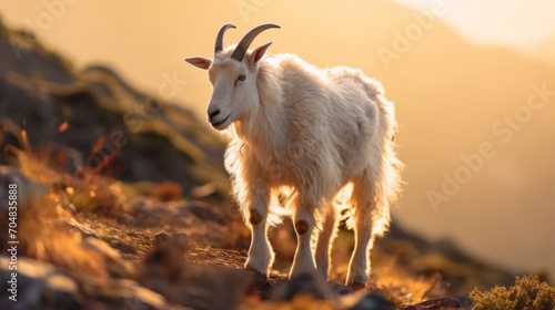 A goat playing near a mountain edge.