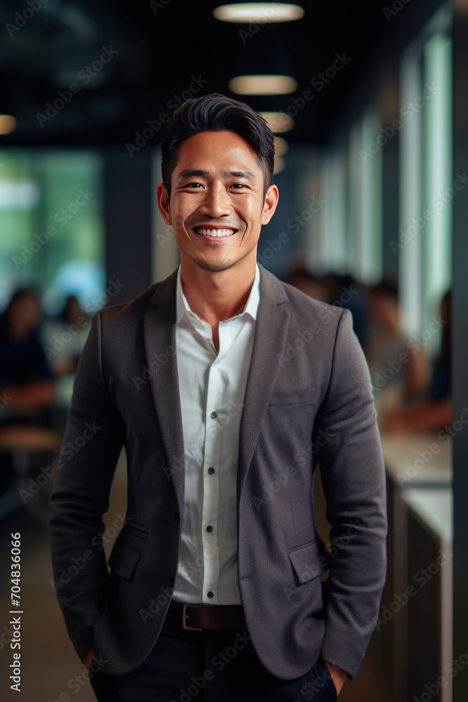 Asian business man standing in an office smiling confidently. Business corporate people background. Asian business man standing in an office smiling confidently. Business corporate people background.