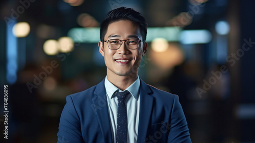 Asian business man standing in an office smiling confidently. Business corporate people background.