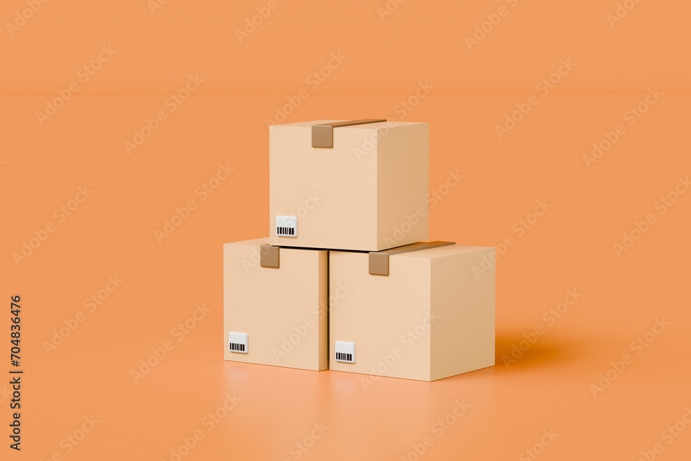 Obraz premium 3D pile of stacked cardboard parcel or delivery box icon. Template of shopping packages for good isolated on orange background. Fast delivery, shopping, logistic concept. Minimal Cartoon.3D Rendering