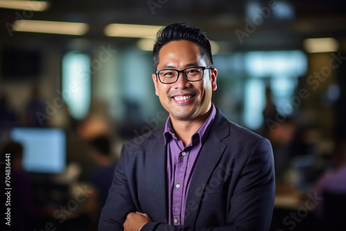 Asian business man standing in an office smiling confidently. Business corporate people background.