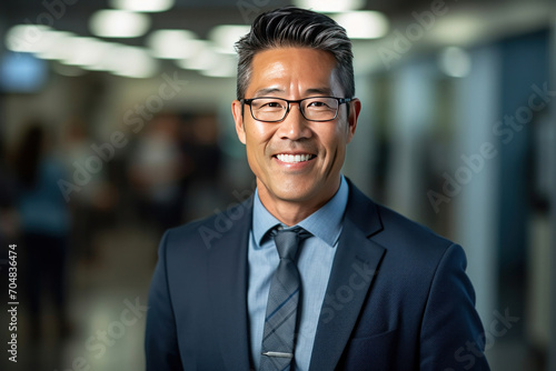 Asian business man standing in an office smiling confidently. Business corporate people background.