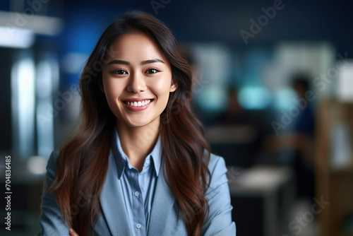 Asian business woman standing in an office smiling confidently. Business corporate people background.