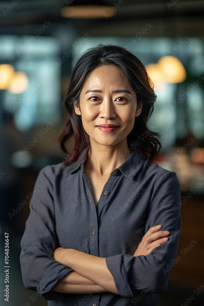 Asian mature professional business woman standing in an office smiling confidently. Business corporate people background. Asian mature professional business woman standing in an office smiling confidently. Business corporate people background.