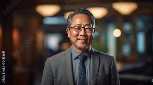 Asian mature professional business man standing in an office smiling confidently. Business corporate people background. © tong2530