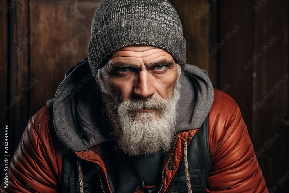 Portrait of a handsome old man with a gray beard and mustache in a red jacket on a wooden background Portrait of a handsome old man with a gray beard and mustache in a red jacket on a wooden background