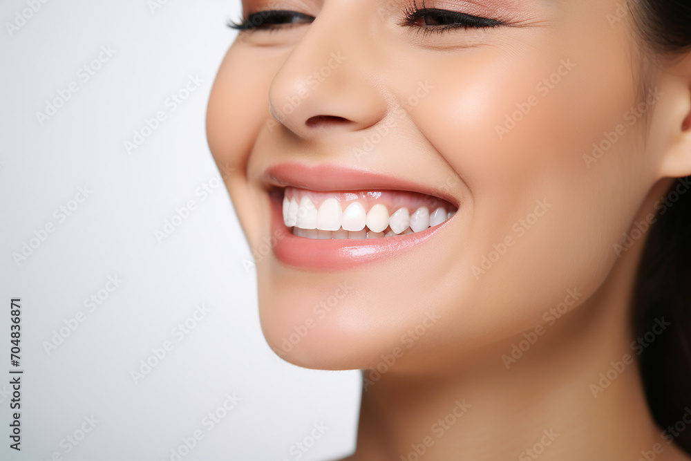 Obraz premium portrait of beautiful woman smiling and showing teeth on colour background 