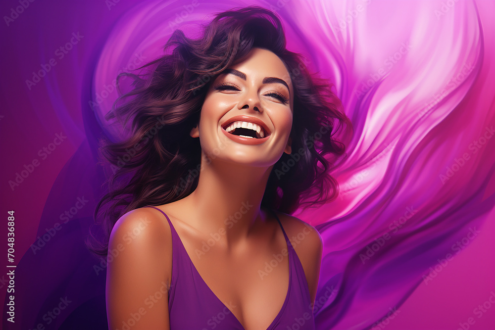 portrait of beautiful woman smiling and showing teeth on colour background 