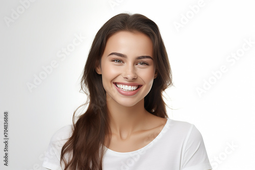 portrait of beautiful woman smiling and showing teeth on colour background 