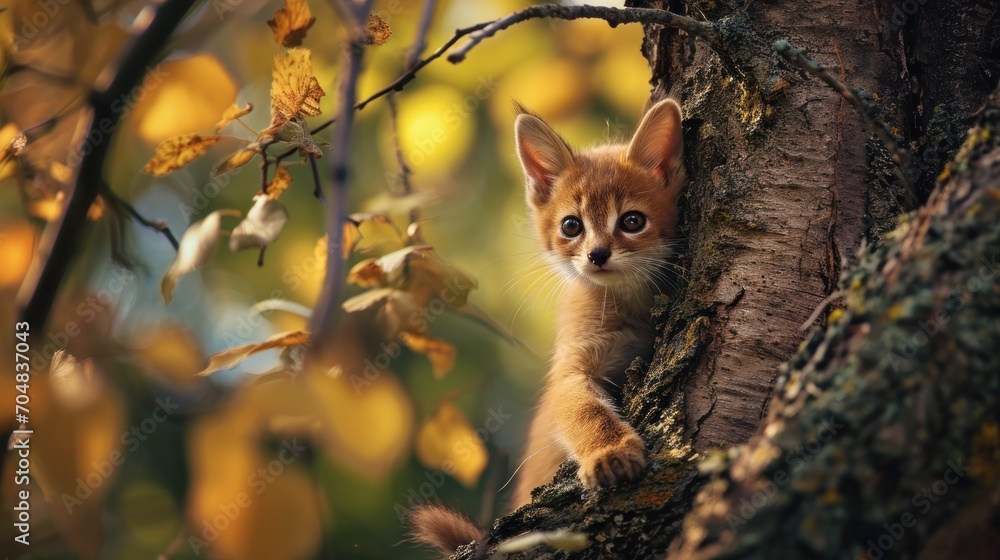 Naklejka premium a small kitten climbing up the side of a tree to get a look out from behind the bark of a tree.