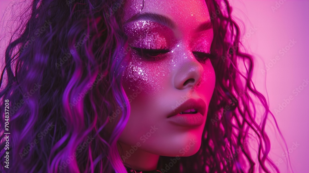 Beautiful woman model with pink glitter professional make up and purple hair, y2k aesthetic millenial pink