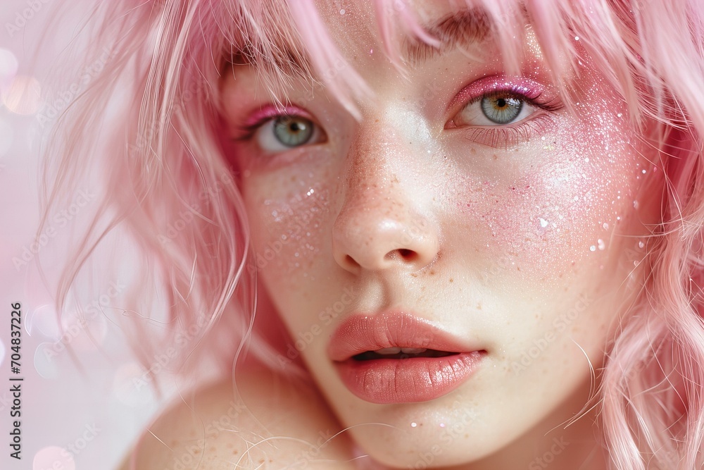 Beautiful woman model with pink glitter professional make up and pink hair, y2k aesthetic millenial pink