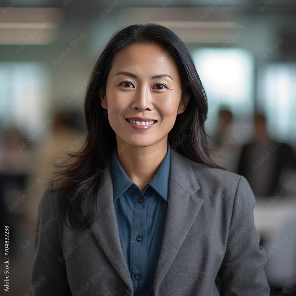 Asian mature professional business woman standing in an office smiling confidently. Business corporate people background. Asian mature professional business woman standing in an office smiling confidently. Business corporate people background.