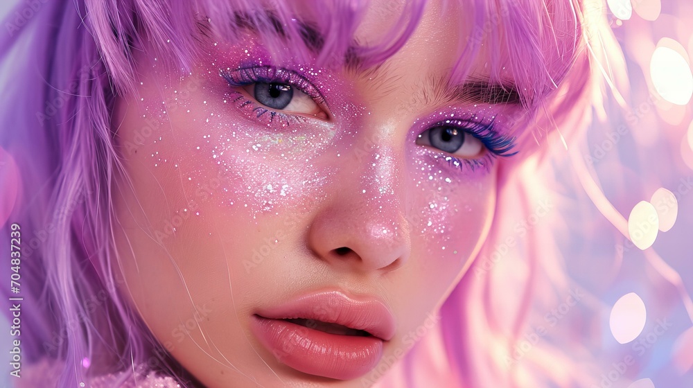 Beautiful woman model with pink glitter professional make up and purple hair, y2k aesthetic millenial pink