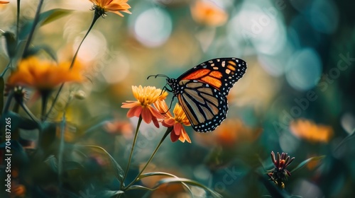 a monarch butterfly perches on a flower in a field of orange and yellow wildflowers in the sunlight.