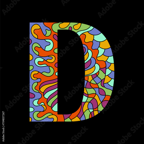 Letter D on black background. Mosaic Pattern Design template . Print for bag, poster, clothing and other. Vector illustration. Letter of different colors.