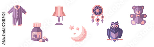 Sleep Object and Item Flat Icon Purple Vector Set