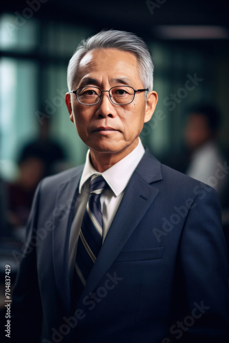 Asian mature professional business man standing in an office smiling confidently. Business corporate people background.