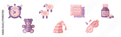 Sleep Object and Item Flat Icon Purple Vector Set