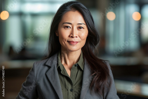 Asian mature professional business woman standing in an office smiling confidently. Business corporate people background.