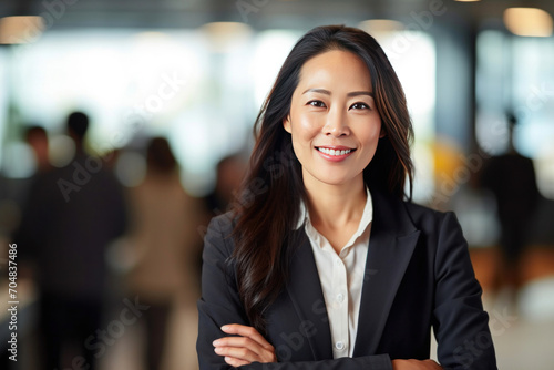 Asian mature professional business woman standing in an office smiling confidently. Business corporate people background.