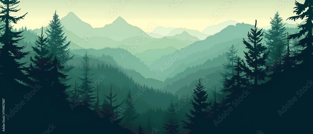 illustration depicting a panoramic forest mountain landscape. dark green silhouettes of valley views