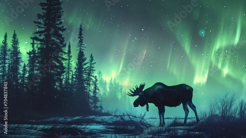  a moose standing in the middle of a forest under a green and blue sky with the aurora lights in the background.