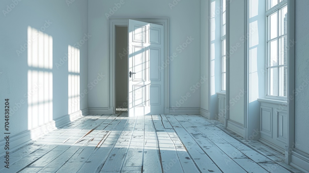 design empty white room with opened door design empty white room with opened door