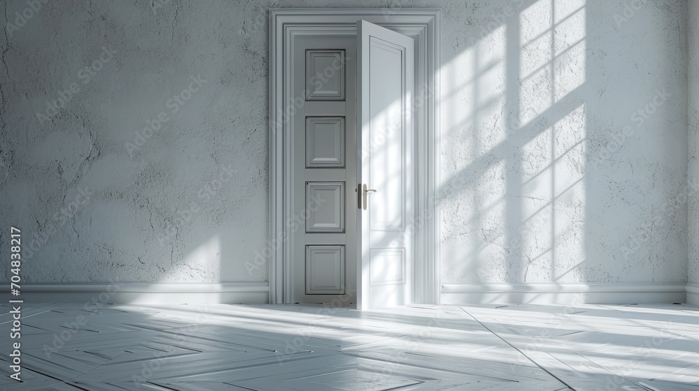 design empty white room with opened door design empty white room with opened door