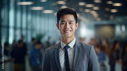 Asian young business man standing in an office smiling confidently. Business corporate people background.